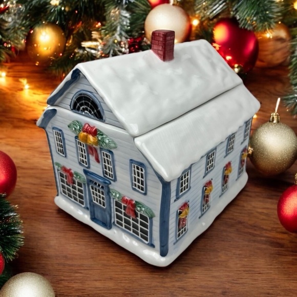 Holiday Cookie Jar David Carter Brown Sakura Blue Christmas Valley Inn Ceramic - Picture 13 of 14